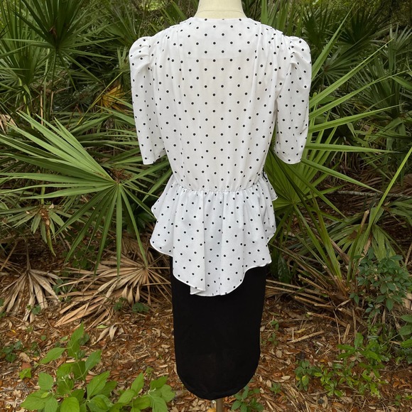 Vintage 80s Polka Dot Midi Peplum Dress Black White Puff Sleeve Sally Lou Size 8 - Picture 3 of 8